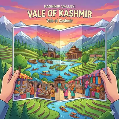 Pixar-style travel brochure held by hands for Kashmir Valley