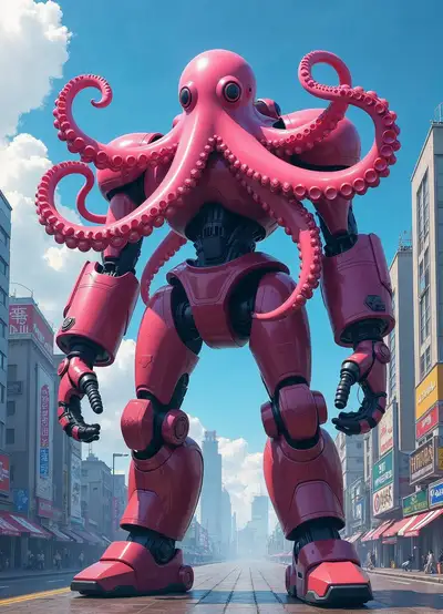 Mystischer rosa Oktopus-Roboter in Neo Tokyo
