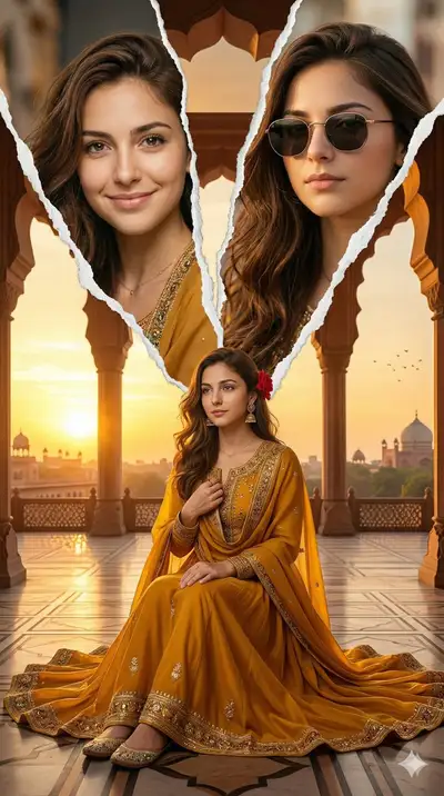 Cinematic Editorial Collage Portrait of Indian Woman