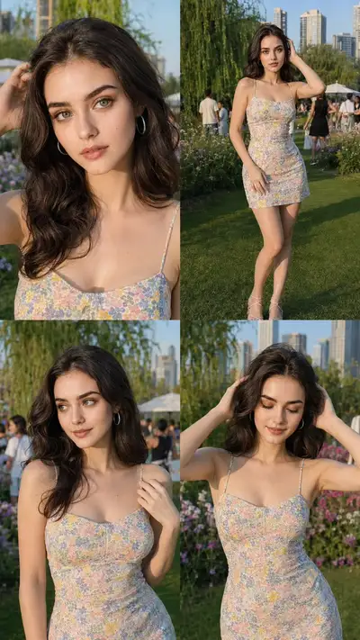 Photorealistic 4-Panel Instagram Collage of Woman in Garden