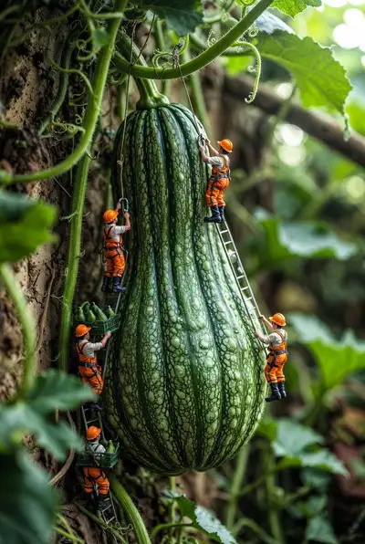 Tiny Workers Harvesting Giant Gourd