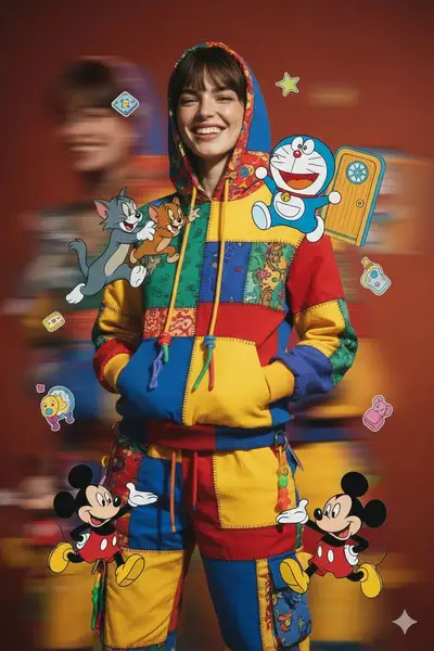 Joyful Fashion Portrait with Cartoon Stickers