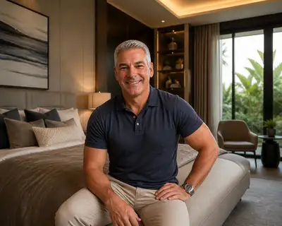 Homem relaxado sorrindo naturalmente em um quarto moderno luxuoso