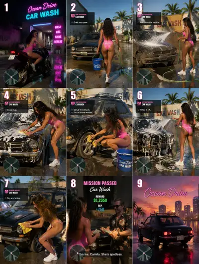 Miami-style 3x3 car wash video game storyboard
