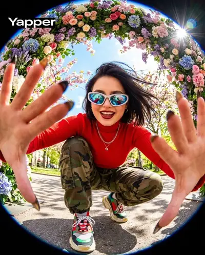 Dynamic Wide-Angle Selfie Portrait with Floral Canopy