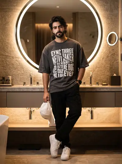 Ultra-realistic cinematic bathroom portrait