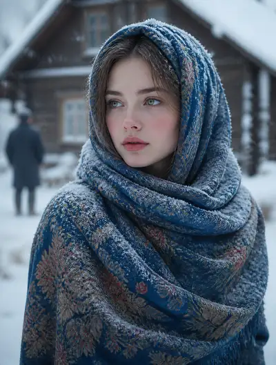Cinematic winter portrait of a woman in a floral shawl