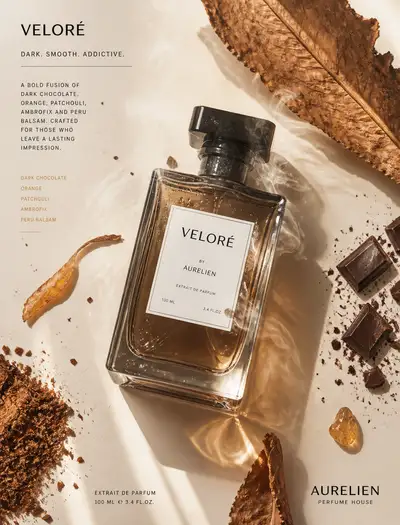 High-key perfume photography with cocoa smoke and tobacco leaf