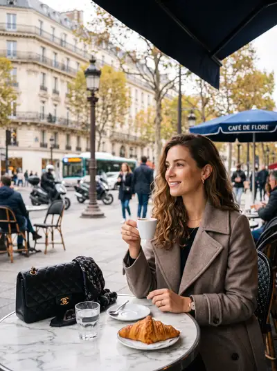 Parisian Café Woman Photorealistic Editorial