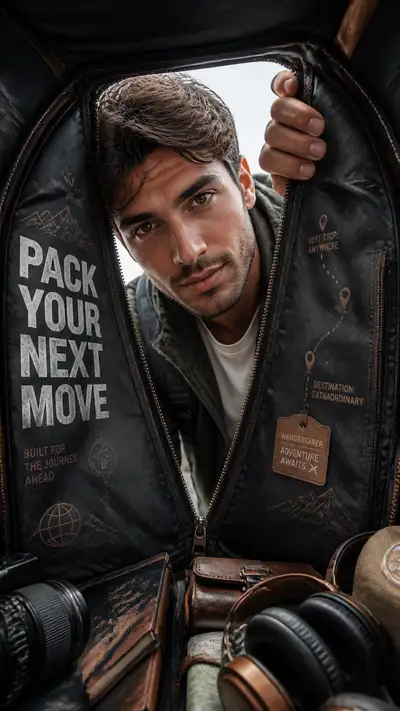 POV travel backpack advertising poster prompt