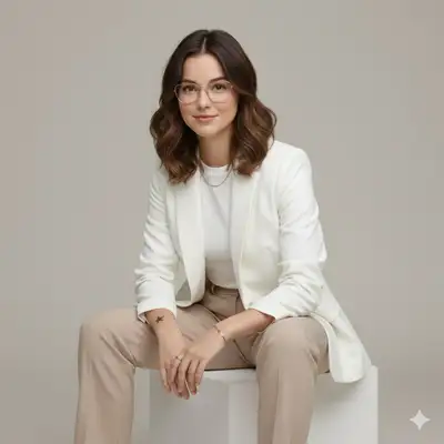 Polished executive studio portrait in a white blazer