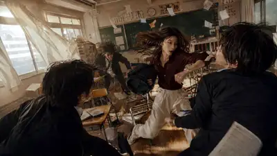 Pelea de artes marciales en un salón de clases en un solo plano, prompt de video