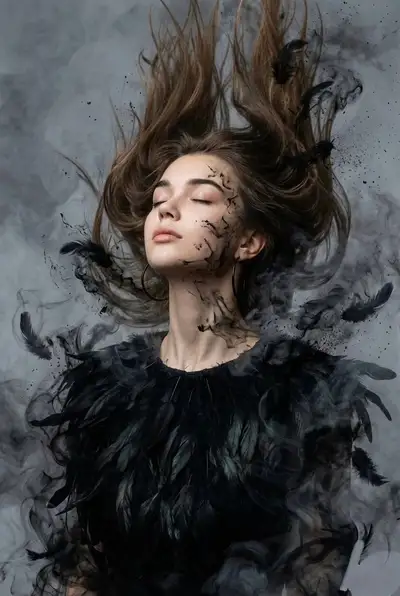 Surreal raven-feather portrait dissolving into ink