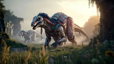 Tribal Sci-Fi Machine Therizinosaurus in Post-Apocalyptic Valley