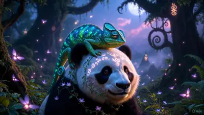 Enchanted Chameleon and Panda in Mystical Forest