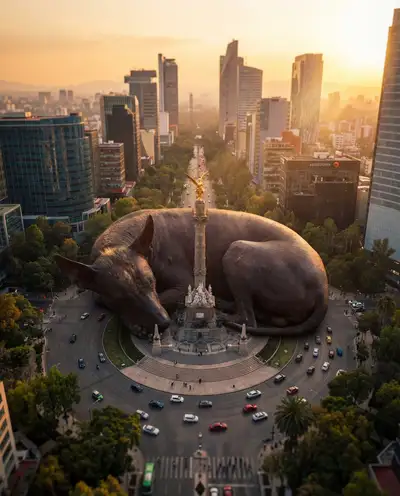 Modelo de foto tilt-shift de cachorro gigante tamanho kaiju