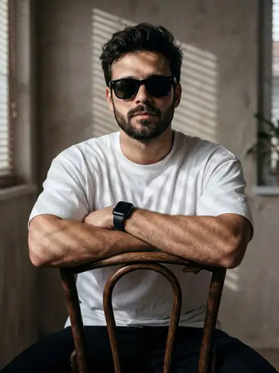 Cinematic portrait of a man sitting backward on a vintage chair