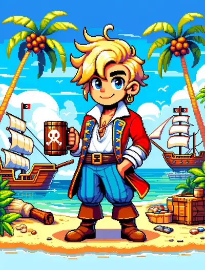 Portada de videojuego pirata en pixel art