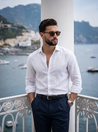 Riviera Editorial Portrait of Young Man in White Linen