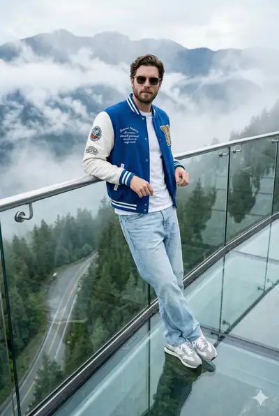 Travel-editorial portrait on a misty mountain skywalk
