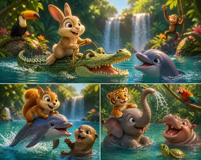Dschungeltiere treffen auf Wassertiere - Pixar-Szene