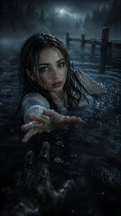 Cinematic Horror Portrait of a Woman in a Foggy Lake
