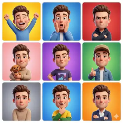 3x3 grid of a 3D cartoon avatar's emotions