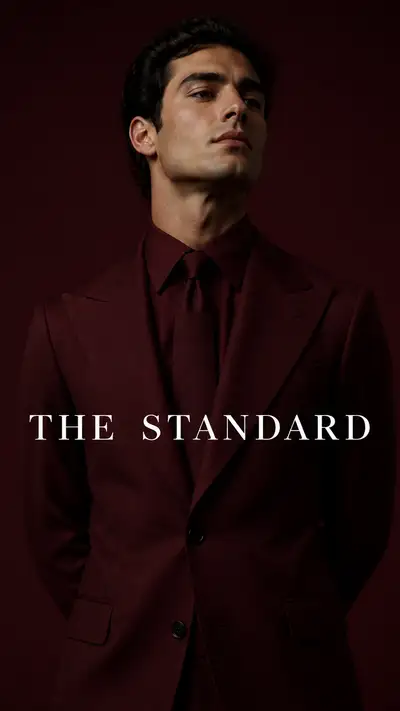 Burgundy suit close-up fashion campaign poster