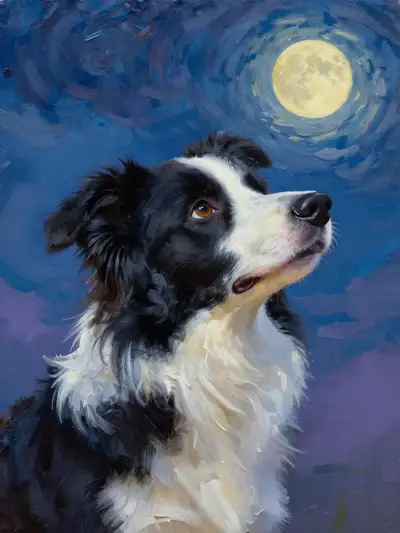 Impressionist oil painting of a border collie under the moon