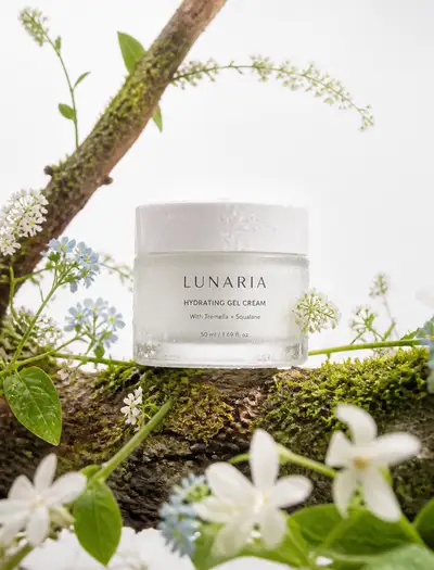 Skincare gel cream jar on moss with dewy droplets, eco-luxury style