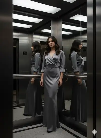 Confident portrait in a satin gown inside a luxury elevator