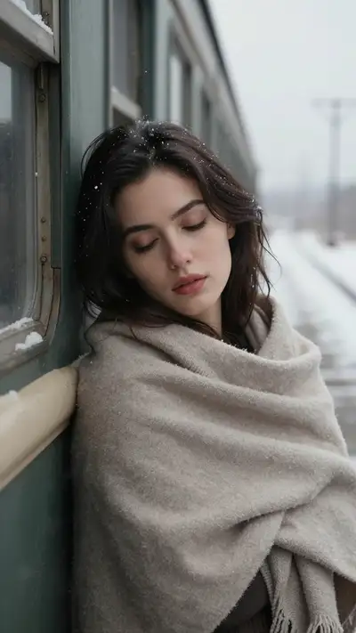 Melancholic vintage portrait at a snowy train station