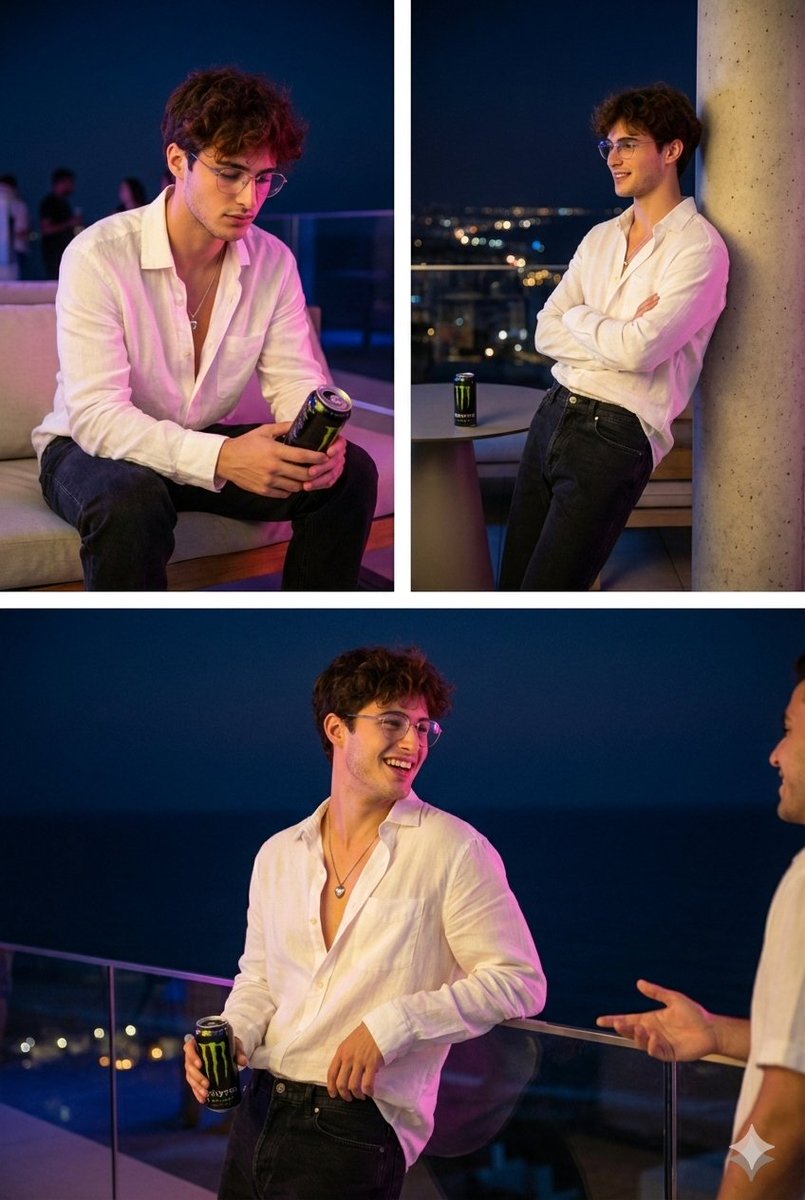 Nighttime Roof Terrace Party Portrait with Specific Styling