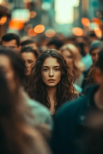 Cinematic Portrait in Crowded City Street