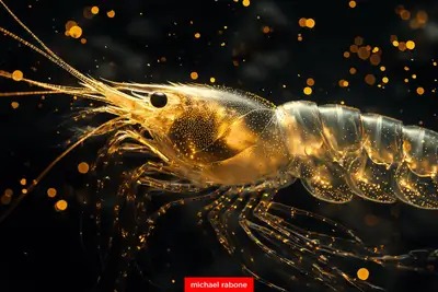Transparent Nanobot Shrimp with Golden Bokeh