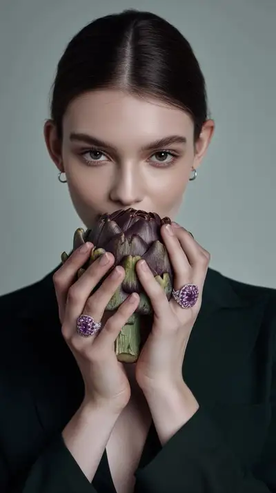 Surrealist high fashion portrait with an artichoke
