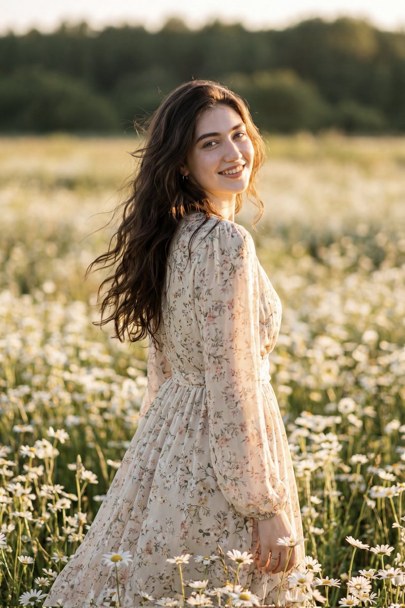 A cinematic golden hour portrait of her standing in a vast field full of