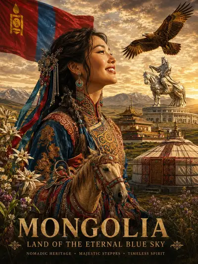 Mongolian Vintage Travel Poster Painterly Prompt