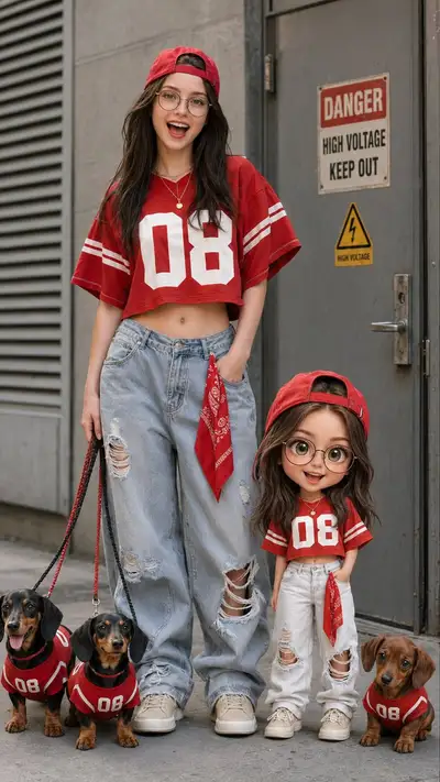 Streetwear-Porträt mit einem Chibi-Mini-Ich und passenden Welpen