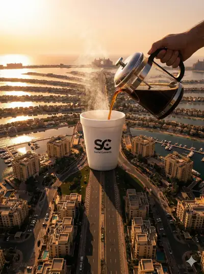 Giant branded coffee cup poured over the Palm Jumeirah at sunset