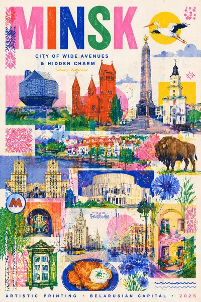 Risograph-style travel poster celebrating Minsk landmarks