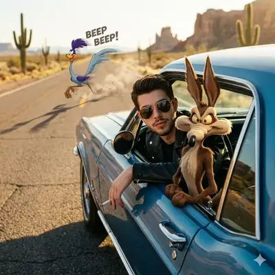 Photoreal man with cartoon coyote and roadrunner on a desert highway