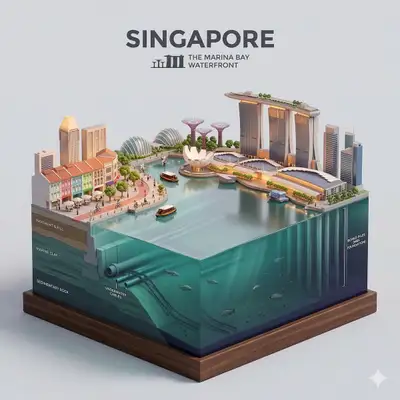 Cross-section isometric city waterfront diorama
