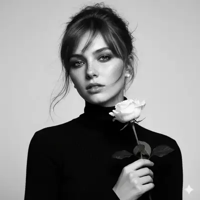 Editorial-Schwarzweißporträt mit einer weißen Rose