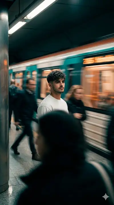 Sujeito parado em meio a um trem de metrô com desfoque de movimento, Nano Banana Pro
