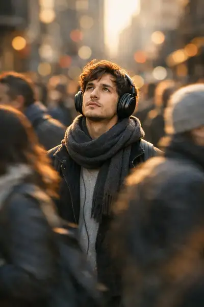 Cinematic Portrait in Busy City Crowd