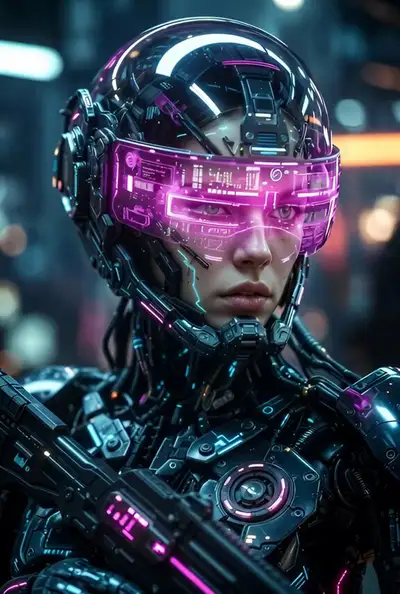 Gros plan de soldate cyberpunk avec visière de casque néon