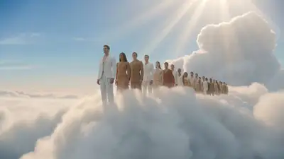 Cloud-top superhero flying video prompt for a fashion group