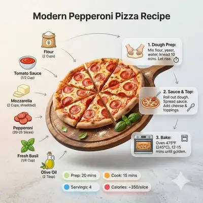Editorial pizza recipe infographic with steps and icons