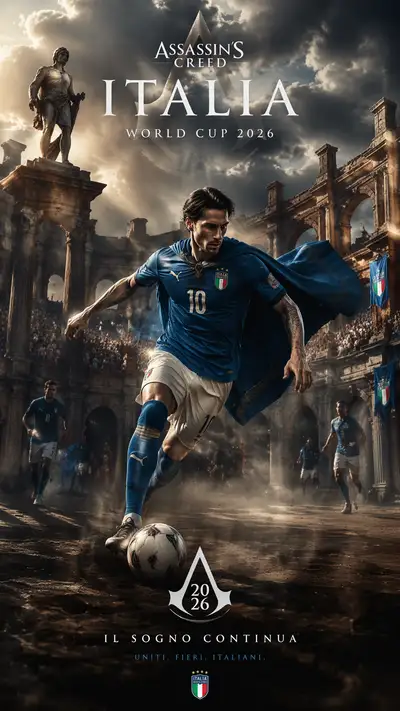 Assassin's Creed style World Cup 2026 Italy poster